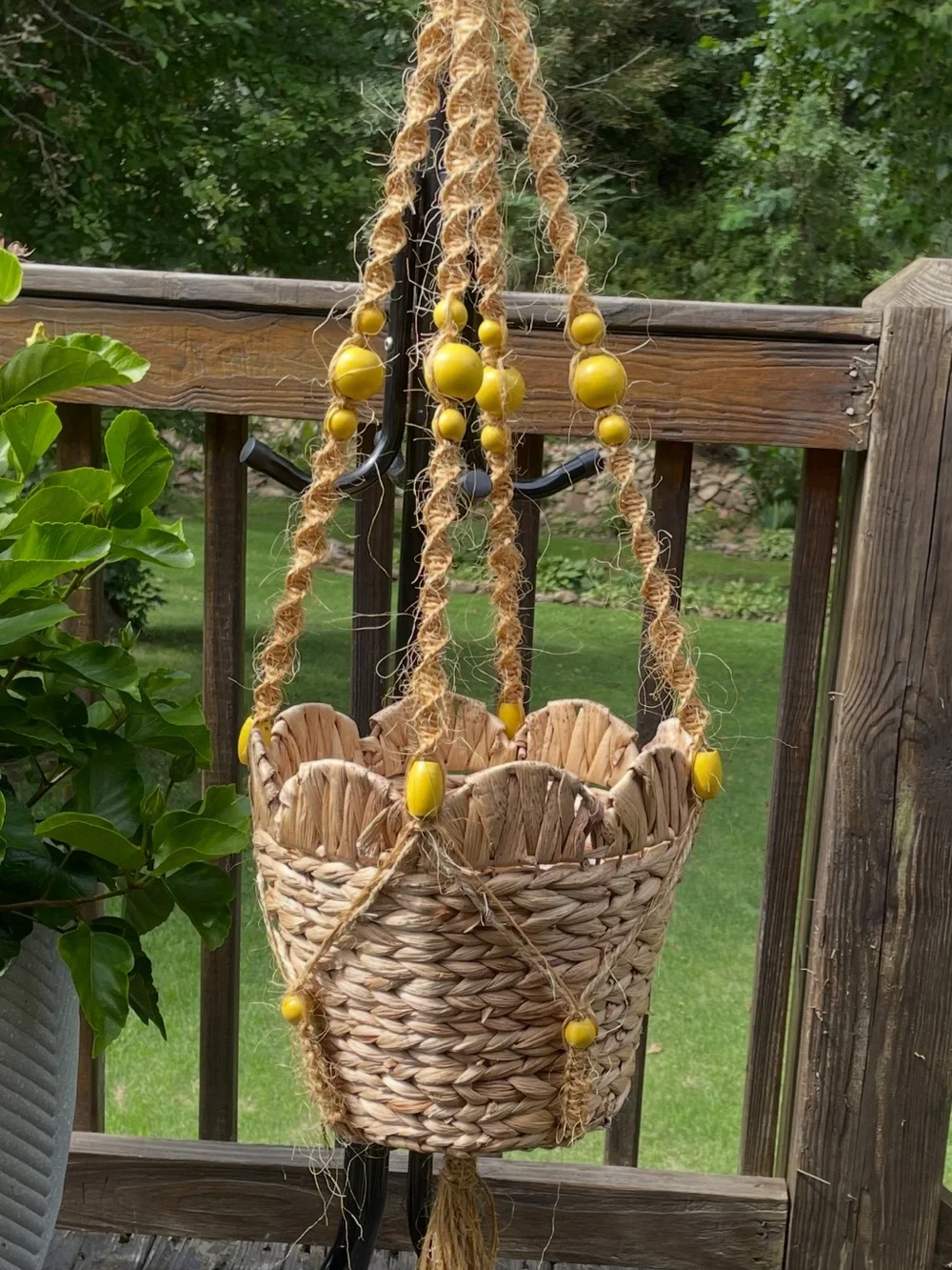 Handwoven Macrame Natural Hanging Planter with Hand-Painted Yellow Bead Accents